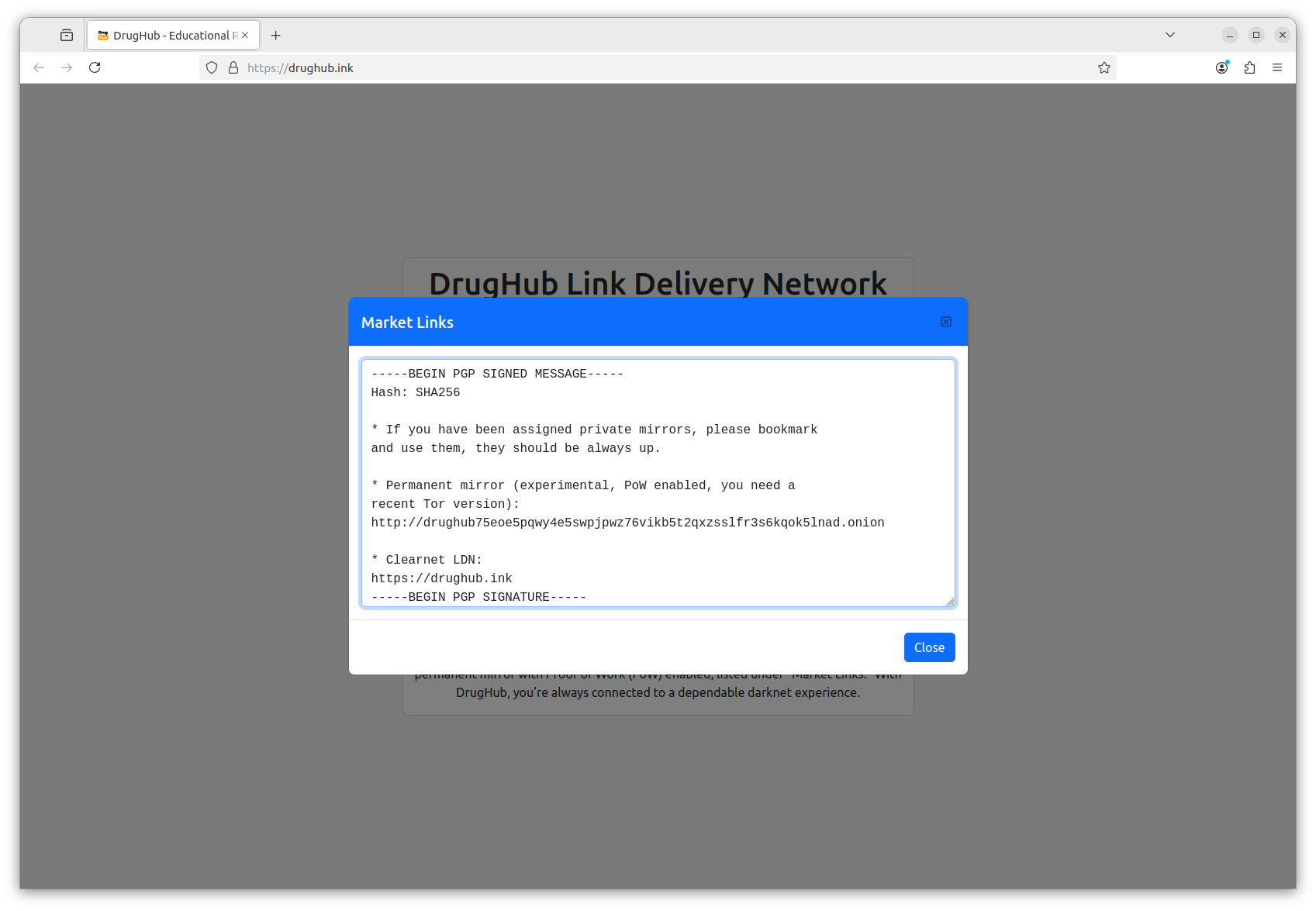 Drughub access portal with verified onion link copy button