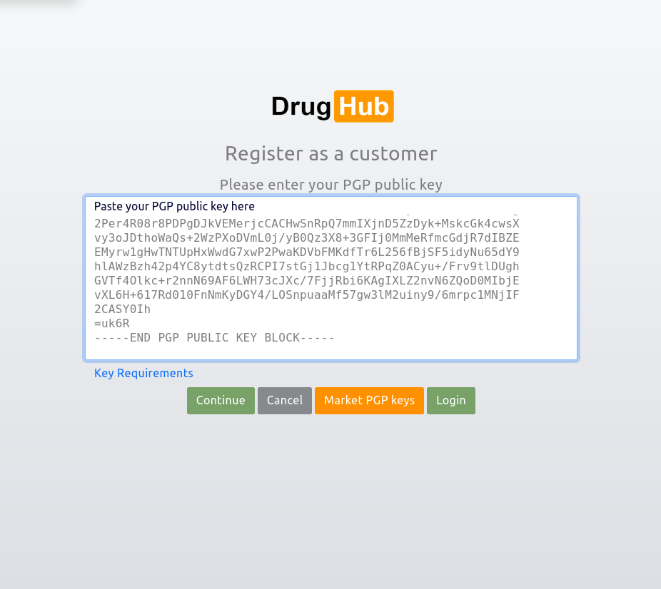 DrugHub market interface preview showing login screen via Tor Browser