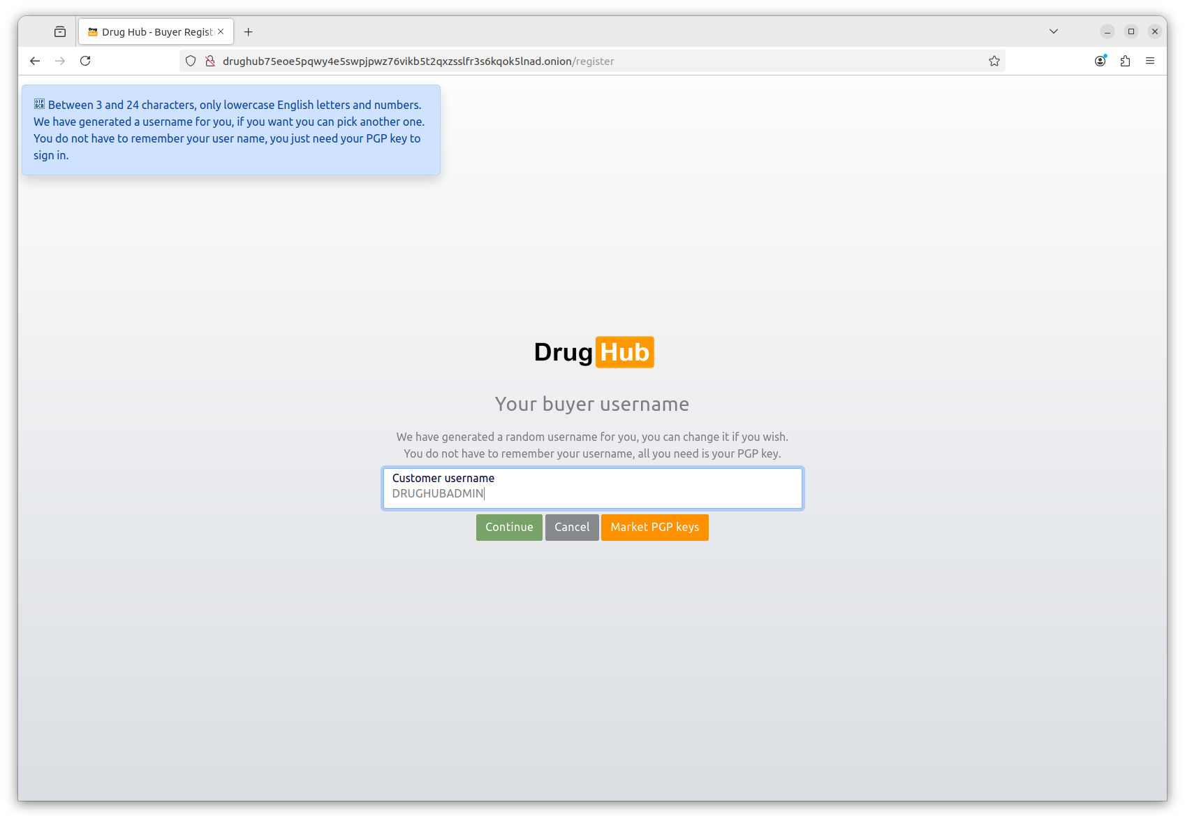 Drughub username selection for new account